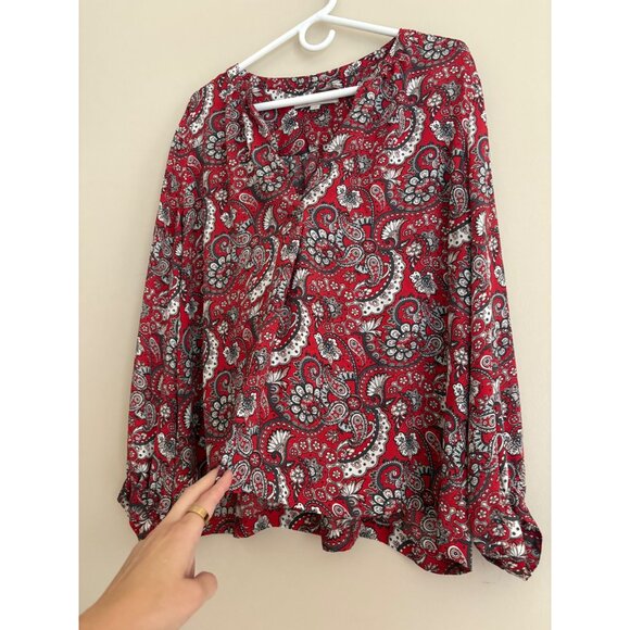 LOFT Red Paisley Print Long Sleeve  Split Neck Fall Career Blouse Size XL - Picture 6 of 11